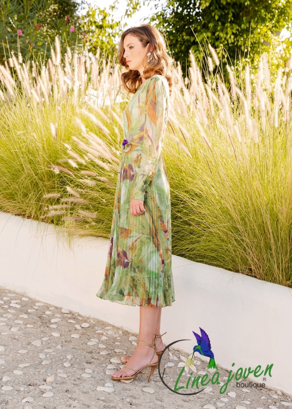Vestido gasa estampada plisado en la falda Vestido gasa estampada plisado en la falda