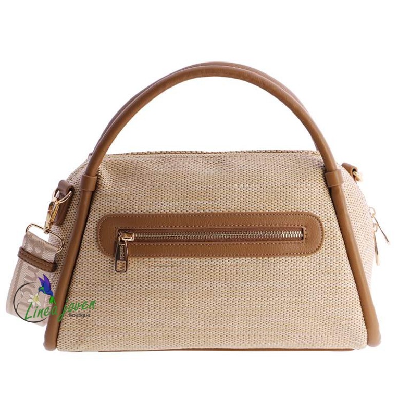 Bolso de mano beige rafia y piel...