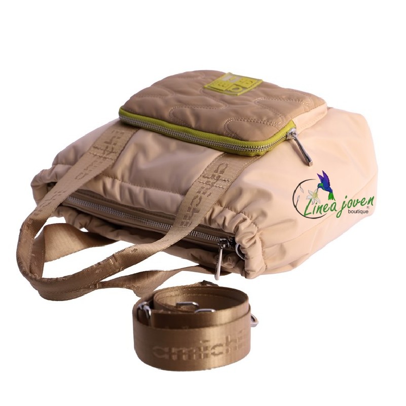Bolso de mano beige nylon con bandolera